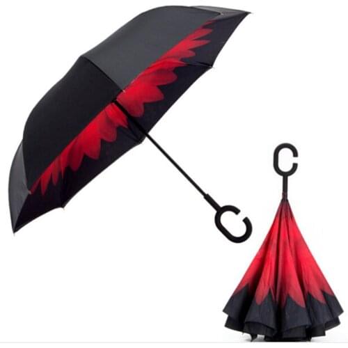 C Shaped Handle Double Layer Umbrella Anti-UV Folding Inverted Upside Down Reverse Windproof Chrysanthemum For Travel