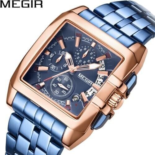 MEGIR Blue Stainless Steel Men Watch Rectangle Big Dial Business Quartz Mens Wristwatches Relogio Masculino Military Watch Man