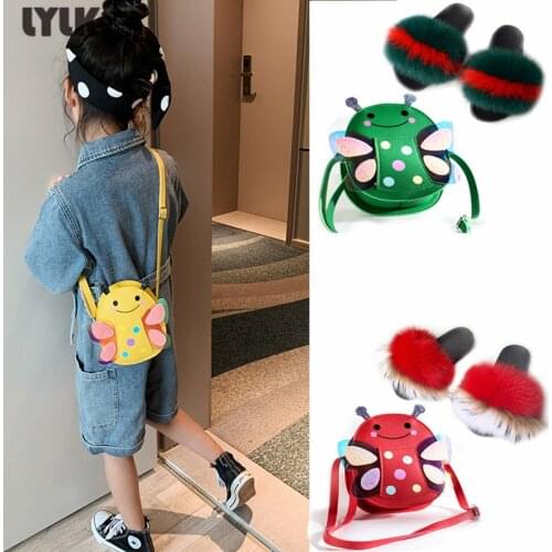Kids Soft Fox Fur Slippers Girls Fluffy Flat Slides Home Plush Shoes Cute Cartoon Child Backpack Set Childrens Shoulder Bags