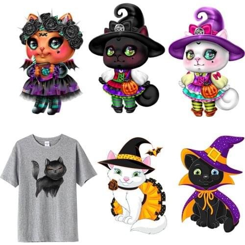 DIY Cartoon Halloween Black Cat Heat Transfer Sticker For Vogue Girl Clothing Patch 1 Piece. T304