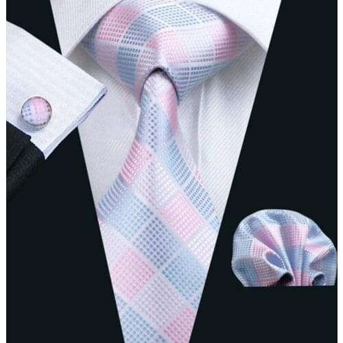 LS-1198 Men`s Tie Pink Plaid 100% Silk Brand Fashion Tie Hanky Cufflinks Set For Men Formal Wedding Party Business Free Postage