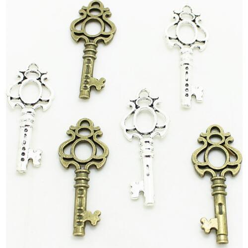 Sweet Bell 30pcs 17*43mm Key shaped Charm two Color Vintage Metal Zinc Alloy Fine Trendy Keys Pendant Charms for Jewerly 0964