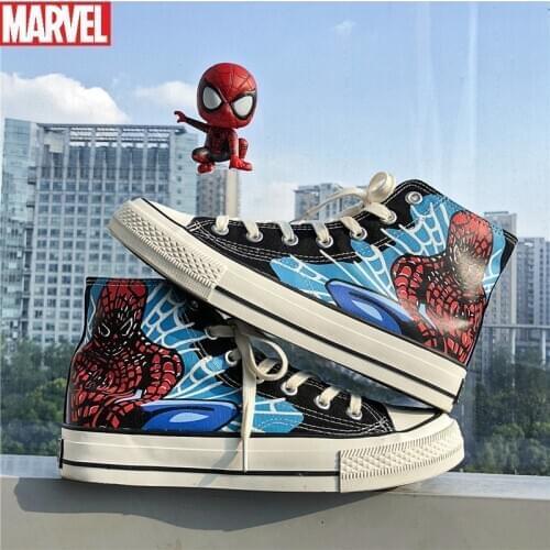 Disney mens fashion shoes spider man graffiti canvas shoes mens high top Marvel Fu Lian hand painted shoes lovers board shoes