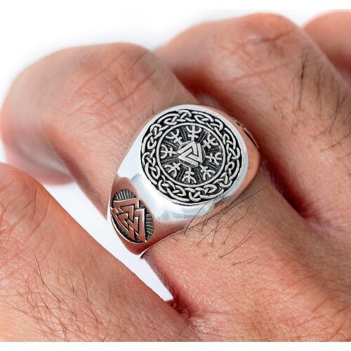 EYHIMD Viking Valknut Helm of Awe Stainless Steel Ring Mens Aegishjalmur Odin Icelandic Runes Celtics Knot Jewelry Amulet Gift