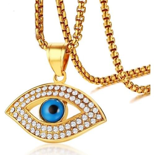 Stainless Steel Gold Blue Turkey Eye Hip Hop Pendant Necklace Men Fashion Hiphop Jewelry Gift For Him with Chain