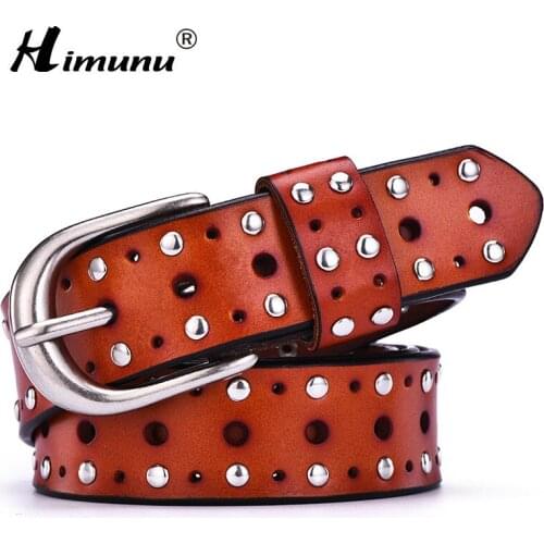 [HIMUNU] Fashion Brand Genuine Leather Belts for Women Vintage Rivet Design Cowskin Belt Woman Top Quality Women belt 5 Colors
