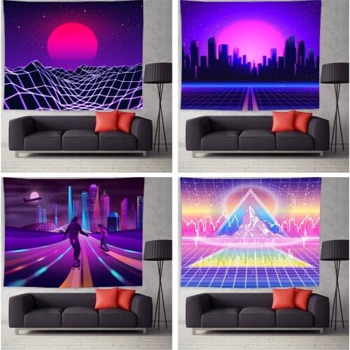 Retro Futuristic Wall Tapestry Bedroom Background Cloth City Fantastic Landscape Triangle Pyramid Wall Hanging Blanket Decor