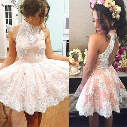 Backless Sexy Cocktail Dresses Short Lace Appliques Above Knee High Neck A-Line Mini Prom Party Gowns Homecoming Dress 2020