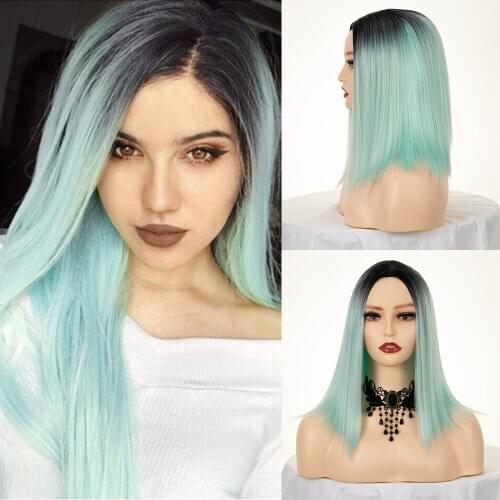 Synthetic Wigs Short Straight Ombre Mint Green Black Roots Cosplay Costume Wig Heat Resistant Fiber Middle Part Wigs for Women