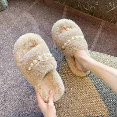 Autumn Winter Warm Fluffy Home Slippers For Women Cozy Faux Fur Cross-Tied House Floor Ladies Diamonds Soft Furry Flat Shoes
