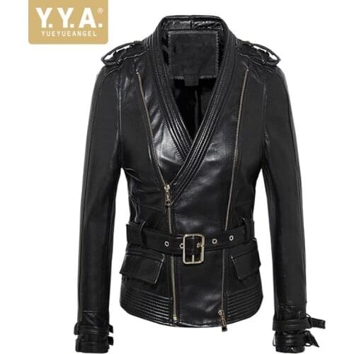 Spring Women Sheepskin Genuine Leather Jacket Buckle Belted Slim Fit Punk Ladies V Neck Leather Coat Plus Size Moto Biker Jacket
