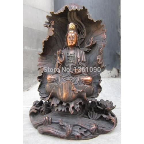Xd 00290 7.5 Buddhism Red Copper Bronze Lotus leaf Guan Yin Kwan-yin Boddhisattva Statue