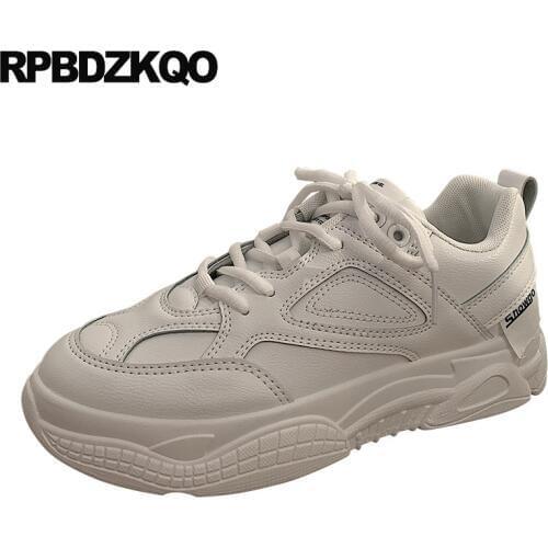 Women lace up shallow creepers platform shoes muffin thick sole trainers sneakers elevator white cheap round toe designer flats