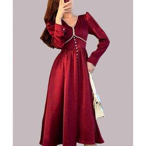 2021 New Elegant Summer Satin Bishop Sleeve French Dress Women V-neck High Waist Buttons White Vintage Long Chic Sweet Dress