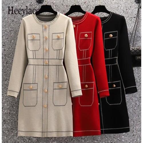 Ladies Casual Knitted Dress Female 2021 New Autumn Fashion O-neck Gold Button Deco Long Sleeve Striped Sweater Dress Vestidos