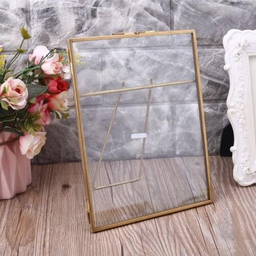 Q0KF Gold Floating Metal Glass Photo Frame Desktop Wedding Pictures Portrait Display