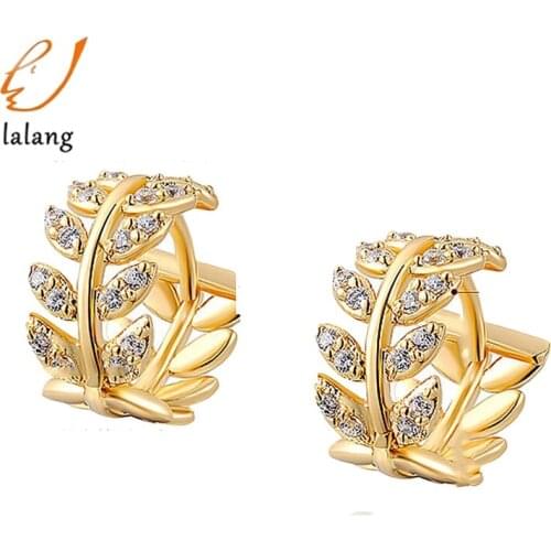 1pair Vintage Leaf Design Hoop Earrings Luxury Cubic Zirconia Crystal Plated Earrings For Girls Jewelry Gift