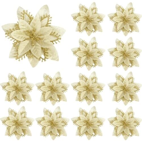 5pcs 13cm Gold Silver Artificial Christmas Flowers Glitter Silk Flower Head For Christmas Tree Ornament DIY Wedding Party Decor