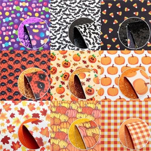 Halloween Theme Faux Leather Sheets Double Sided Chunky Fine Glitter Pumpkin Candy Printed Synthetic Leather Fabric 7Pcs 20x33cm