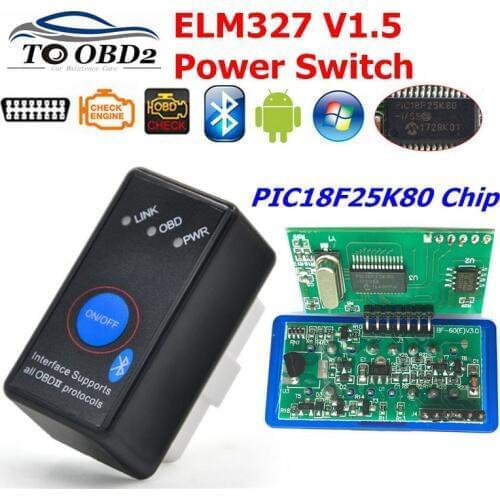 Bluetooth ELM327 V1.5 With Switch Auto OBD2 Scanner Support Android Torque ELM 327 1.5 PIC18F25K80 Chip Code Reader