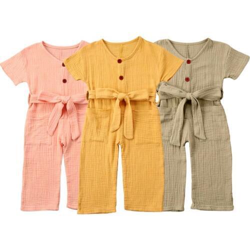 Baby Kids Solid Rompers Summer Baby Girls Boys Rompers Overalls Solid Short Sleeve Button Belt Solid Causal Jumpsuits 1-6 Years