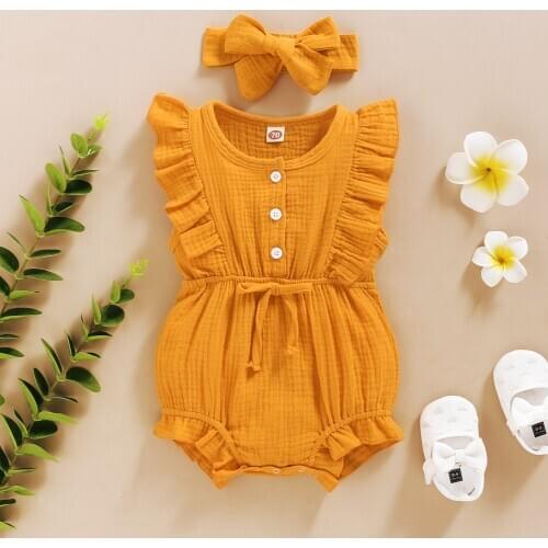 Summer Baby Girls Romper Headband Cotton Linen Ruffles Sleeveless Infant Rompers Newborn Clothes Lovely Dress for Babies
