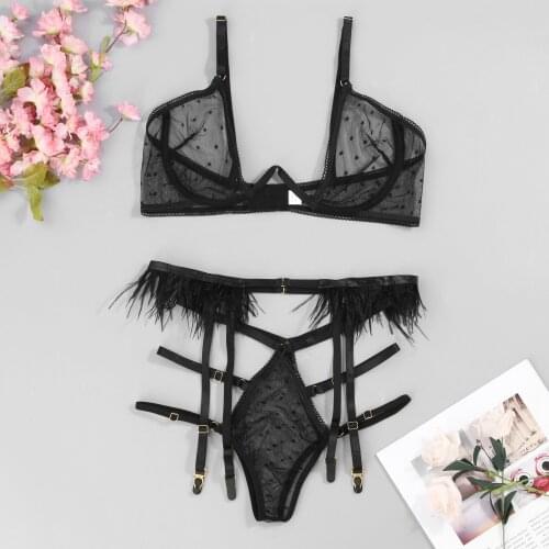 Erotic Lingerie Set Bra Lace Dot Transparent V Neck Sleevless Feather Garter Belt Sexy Underwear for Women Bielizna Erotyczna