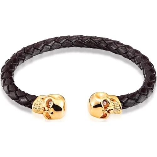Hot Selling Fashion Braided Leather Bracelets Stainless Steel Gold Skull Bracelet Punk Wrap Bracelet Women Men Homens Pulseira