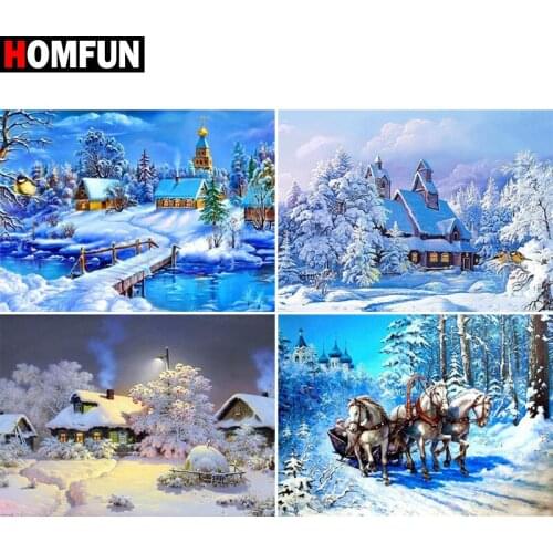 HOMFUN Full Diamond Embroidery "Winter house landscape" Diamond Painting Cross Stitch Patterns Rhinestone Unfinished Home Decor