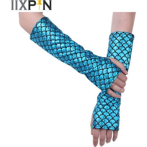 IIXPIN Mermaid Arm Sleeves Glove Fish Scale Pattern Printed Fingerless Long Gloves Arm Sleeves Adult Halloween Costume Accessory