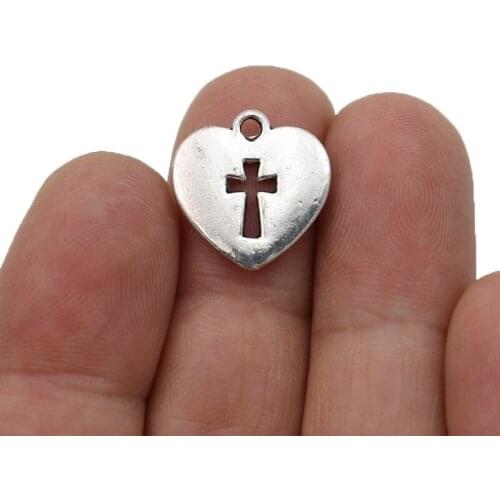 JAKONGO Antique Silver Plated Cross Heart Charm Pendants for Jewelry Making Bracelet DIY Accessories 17mm 10pcs
