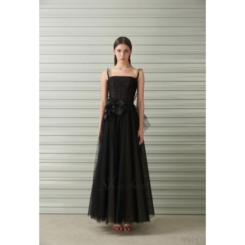 Jusere black evening dress sexy party dress evening gown ankle-length backless A-line dress