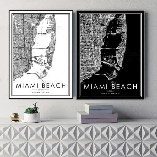 MIAMI BEACH world City Map Posters Canvas Paintings Modern Prints Pictures for living room Home Interior Decoration framed