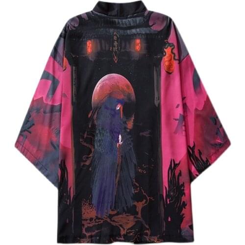 Traditional Chinese Style Crane Print Harajuku Men Women Streetwear Summer Clothing Loose Yukata Japanese Kimono Jacket V2083