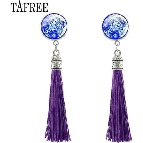 TAFREE Fashion Flower Style Art Picture Long Tassel Stud Earrings Handmade Round Glass Earrings Wedding Party Jewelry HN295