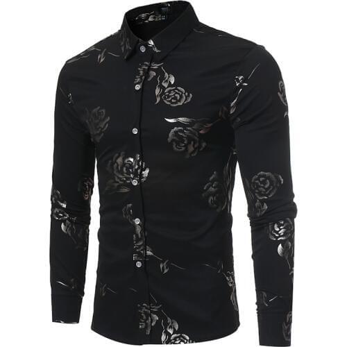 Mens Rose Flower Print Dress Shirts 2021 Brand New Long Sleeve Tuxedo Shirt Men Casual Business Button Down Shirt Chemise Homme