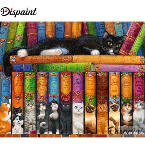 Dispaint Full Square/Round Drill 5D DIY Diamond Painting "Cat book scenery" Embroidery Cross Stitch 5D Home Decor A10771