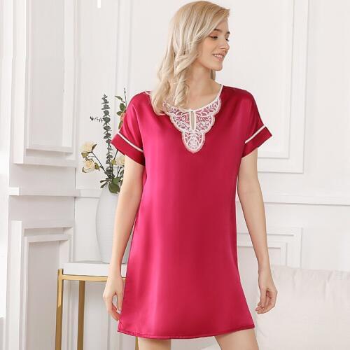 100% Silk Nightgown Women with Short Sleeve Lace Nightdress Relaxed Fit Ladies Nightie Sleepwear Satin Nightwear sp0110