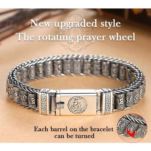 New Mens Bracelet Simple and Generous Silver Bracelet Hand-woven Six-character Mantra Roller Silver Rotatable Silver Chain