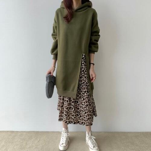 Sannian Autumn Women Dress Retro Hooded Pullover Loose Stitching Leopard Print Split Fake Two-piece Sweater Dress Ladies Clothes