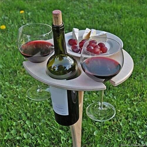 Outdoor Wine Table with Foldable Round Desktop Mini Wooden Picnic Table Easy To Carry Wine Rack Support Dropshipping