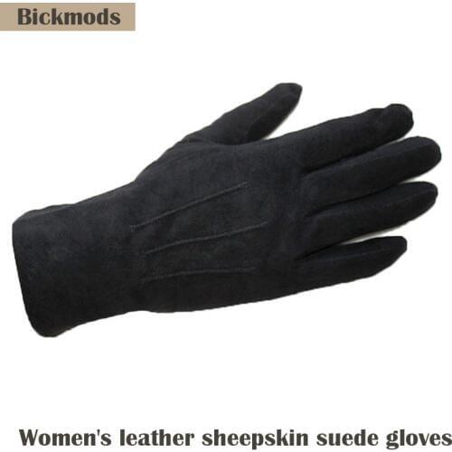 Sheepskin Suede Gloves Female Leather Black Velvet Lining Fashion Hand Repair New Autumn and Winter Warmth Outdoor Travel Points