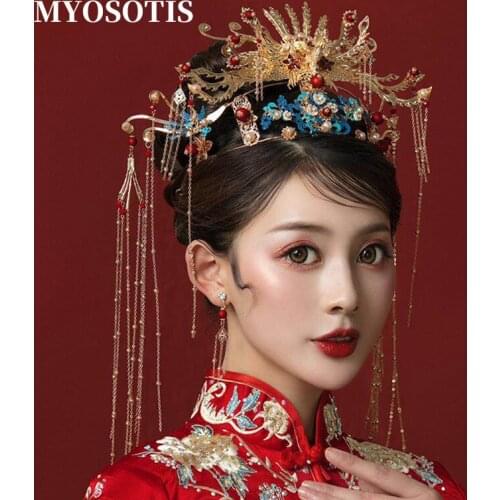 Luxury Chinese Blue Bridal Hair Crowns Long Tassels Phoenix Headdress Beaded Wedding Jewelry Accessories