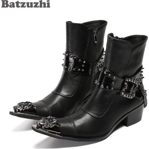 Batzuzhi 6.5CM High Heel Western Cowboy Boots Handmade High Quality Leather Ankle Boots Men Punk Pointed Iron Toe with Chains