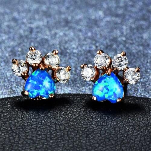 Bamos 3Colors Dog Paw Opal Stud Earrings Cute Heart Brithstone Earrings For Women Fashion Wedding Jewelry Animal Earrings