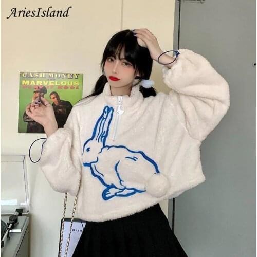 Oversized Zipper Hoodies White Kawaii Rabbit Embroidery Velvet Long sleeve Loose Womens sweatshirt New Winter Hoodies for women
