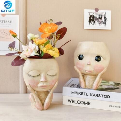Human Face Vase Decoration Big Eyes Doll Resin Flowerpot Figure Sculpture Crafts Storage Container Flower Arrangement Container
