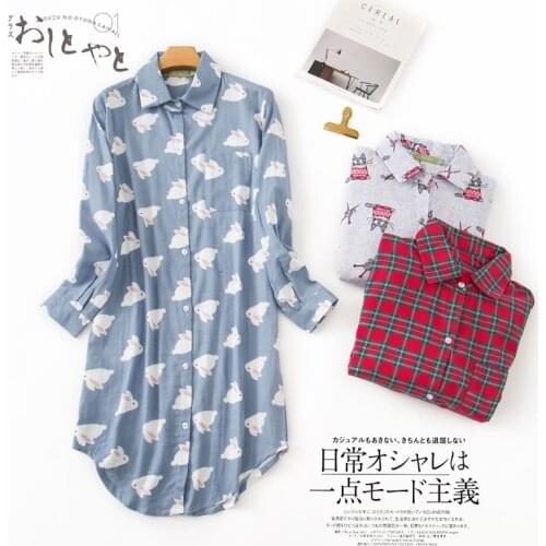 Womens Double-Layer Yarn Nightdress Turn-down Collar Cotton Printing Home Sleep Tops Long-Sleeved Yarn-Dyed Womens Sleepwear
