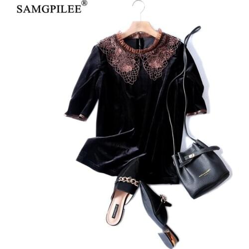 Tops Women 2021 Casual Oversized T Shirt Plus Size Velour Half Sleeve Lace Solid O-neck Women Fashion T-shirts Femme 4XL