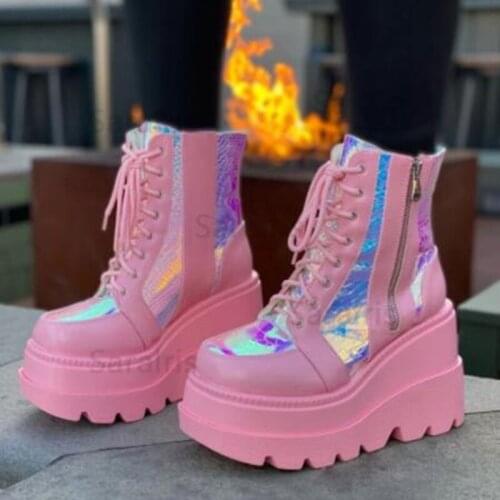 Women New 2021 Autumn Winter Ankle Boots Female Platform PU Leather Thick Bottom Zip Shoes Ladies Lace Up Mixed Color Short Boot
